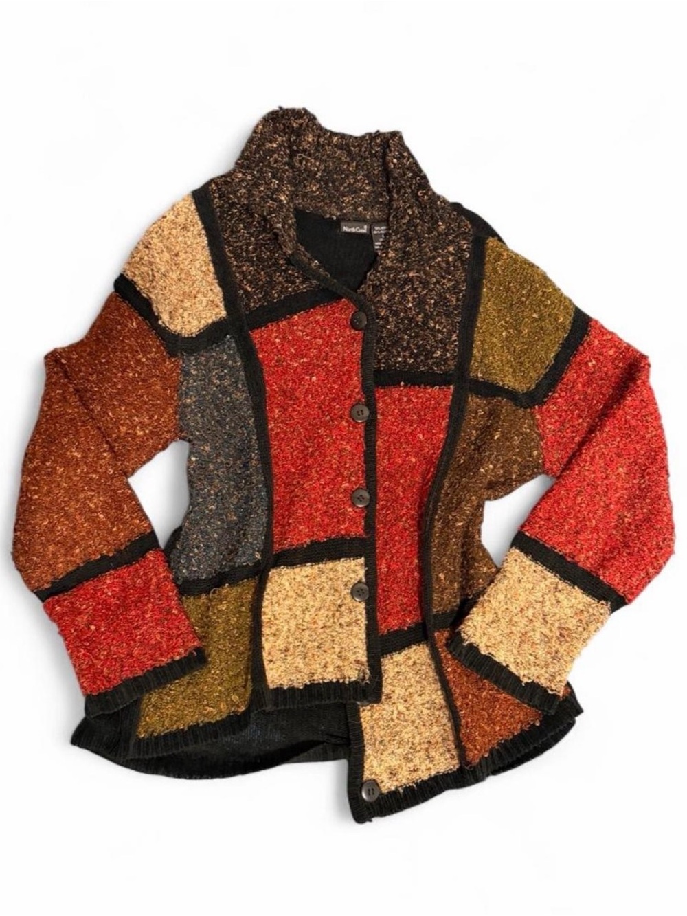 Northcrest Patchwork Button-Front Cardigan in Red, Brown, Gold & Cream